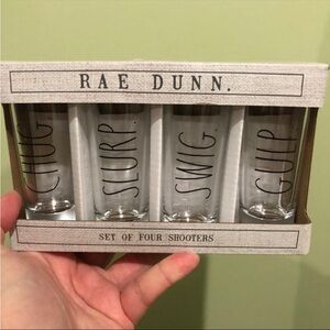 RAE DUNN Shot glasses - set of 4 “CHUG” “SLURP” “SWIG” “GULP” - new in box